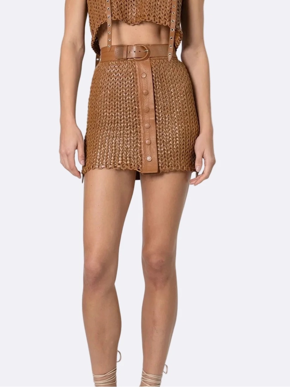 BNWT $795 Nonchalant Label Honey Brown Crocheted Kaiden Leather Skirt Sz. XS